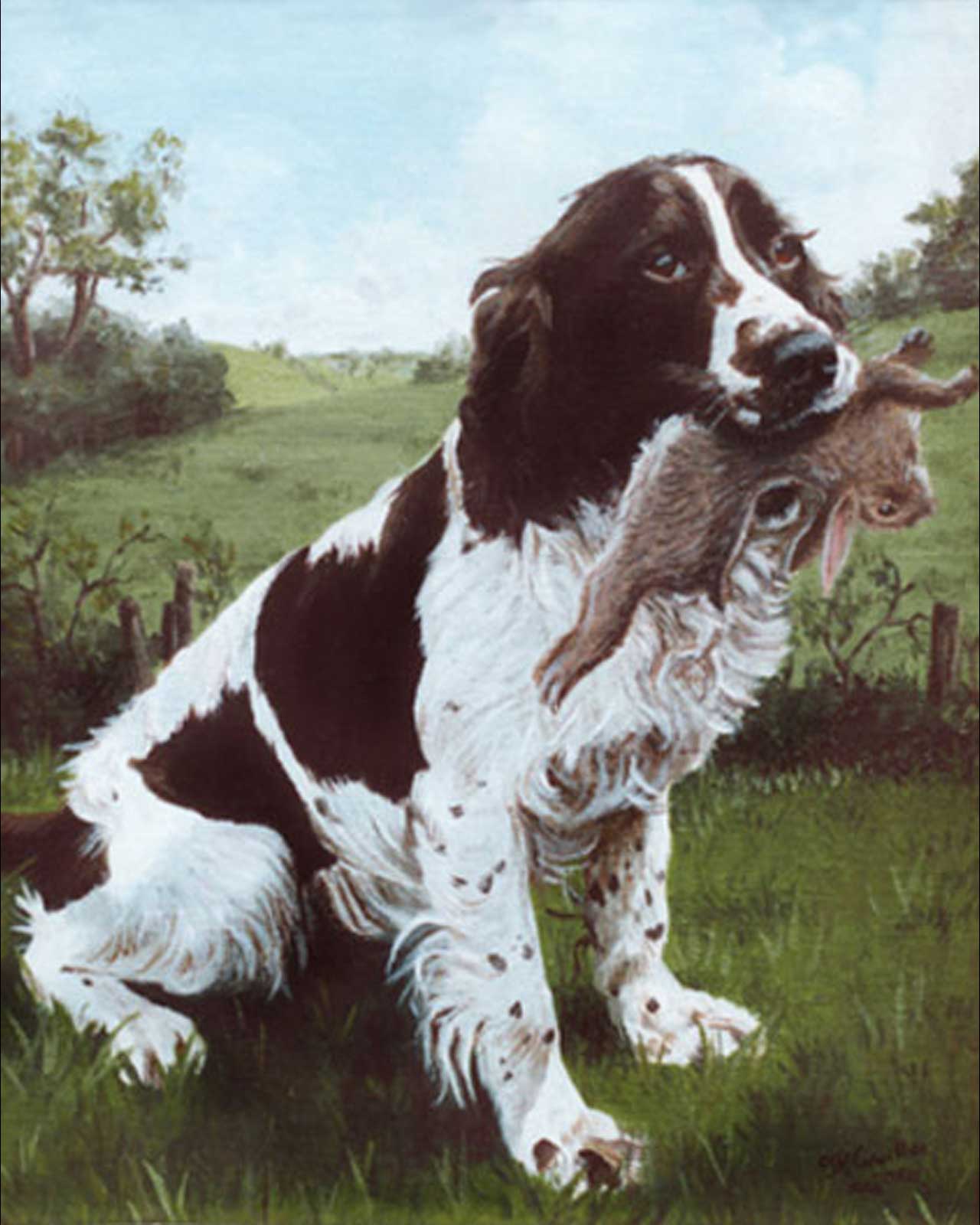 Springer Spaniel, a successful catch,  dog portrait, oil painting on canvas