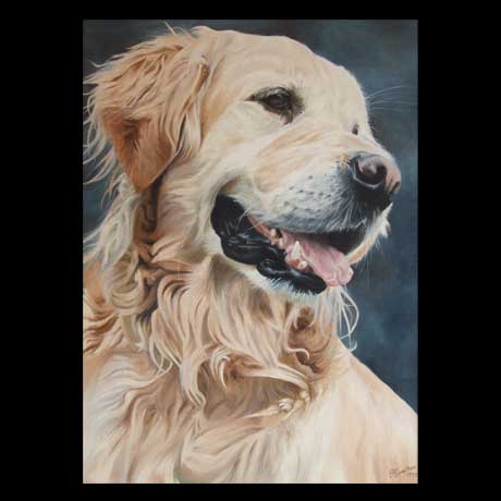 Golden Retriever dog portrait painting, oil paint on canvas