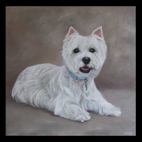 Westy dog portrait painting, oil paint on canvas