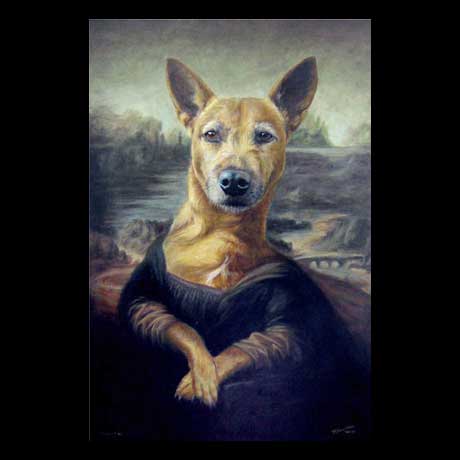 Mona Lisa dog portrait painting, oil paint on canvas