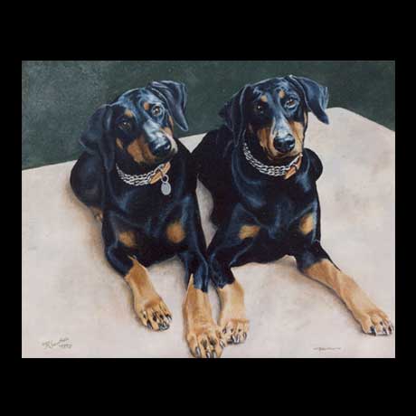 Doberman twins, dog portrait painting, oil paint on canvas