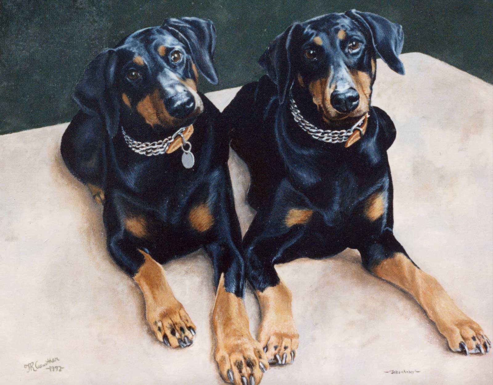 Doberman sisters dog portraits oil painting on canvas