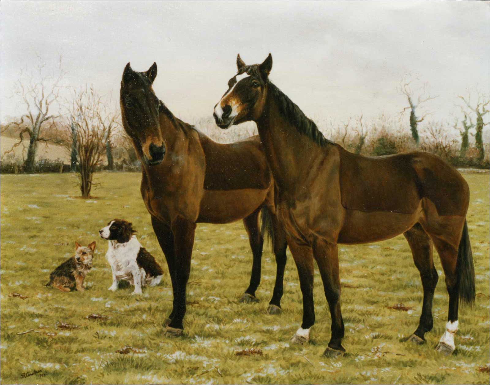 Horses and dogs scene ready for Winter, oil painting on canvas