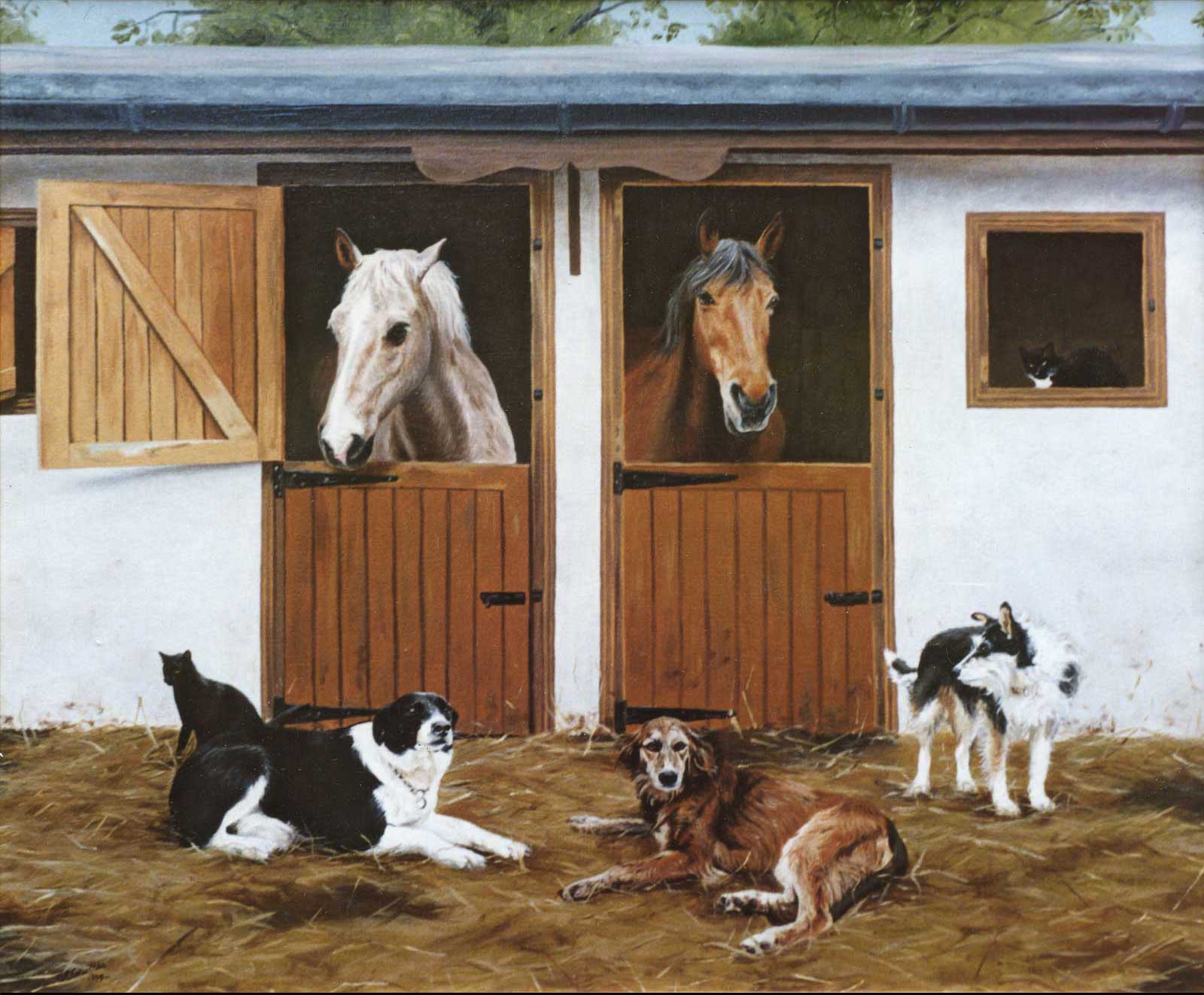 Horses and dogs at the stable, oil painting on canvas