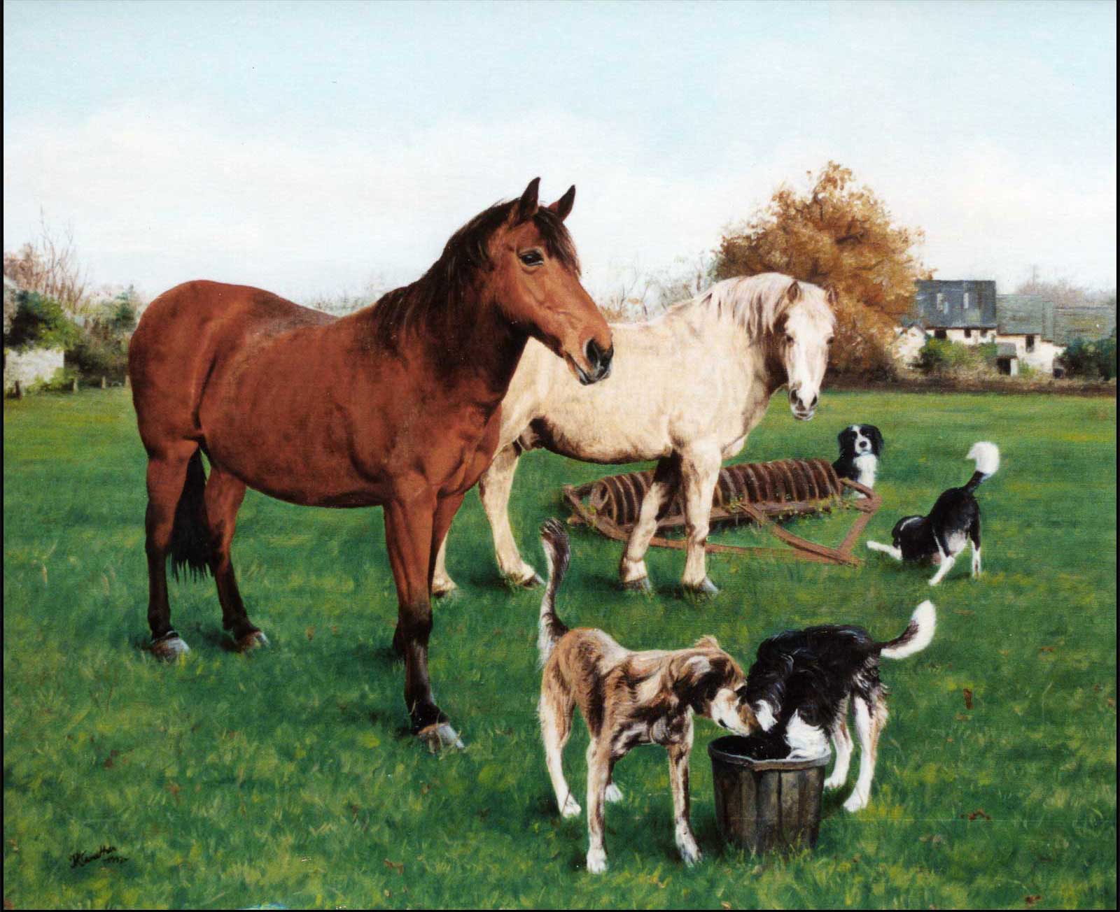 Horses and dogs family, oil painting on canvas