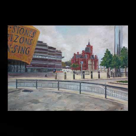 Cardiff Bay painting, oil paint on canvas